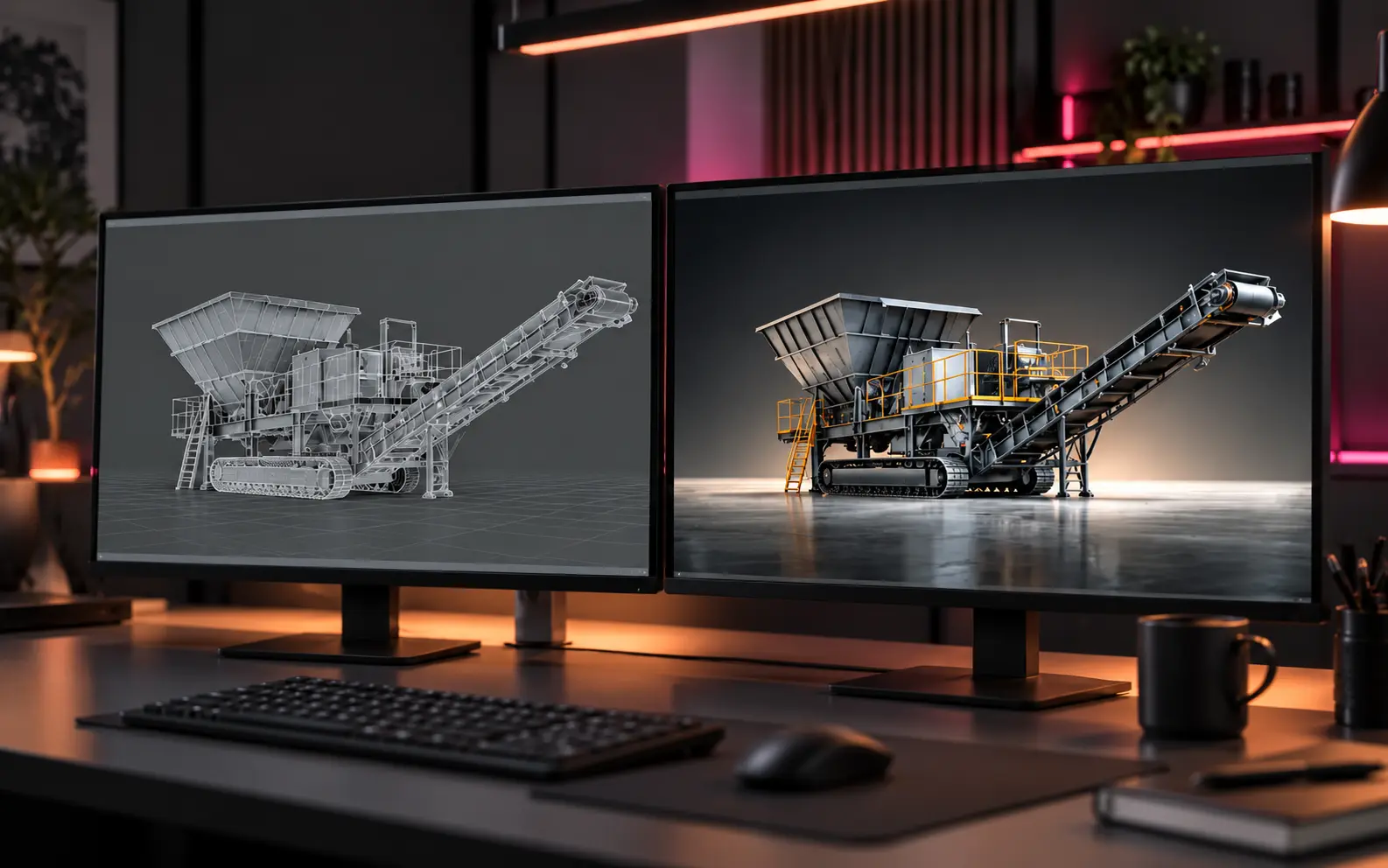 Illustrative workstation view comparing engineering CAD with a polished product render